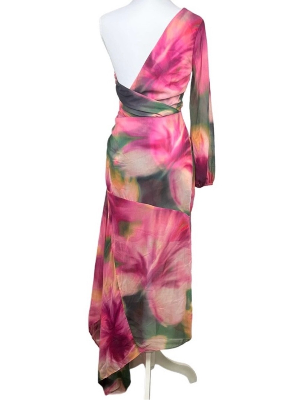 NWT MISA Los Angeles Blurred Hibiscus One Shoulder Maxi Dress XS Silk Chiffon - Picture 2 of 4
